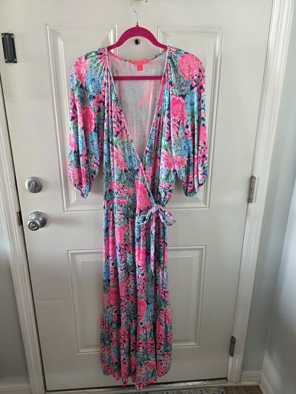 Lilly Pulitzer Pink & Teal Floral Wrap Maxi Dress - Picture 1 of 4